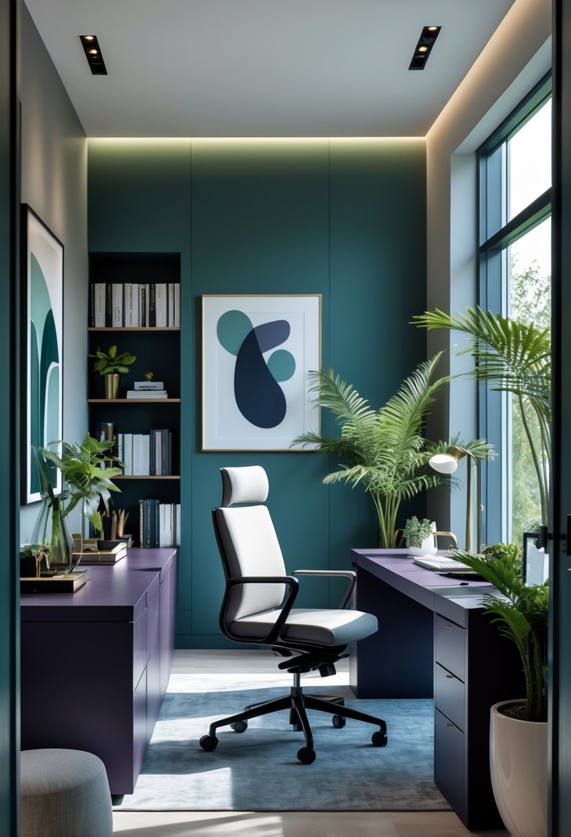 A modern home office with a sleek desk, ergonomic chair, plants, and shelves, featuring a color scheme of dark plum, blue, green, and subtle yellow accents.