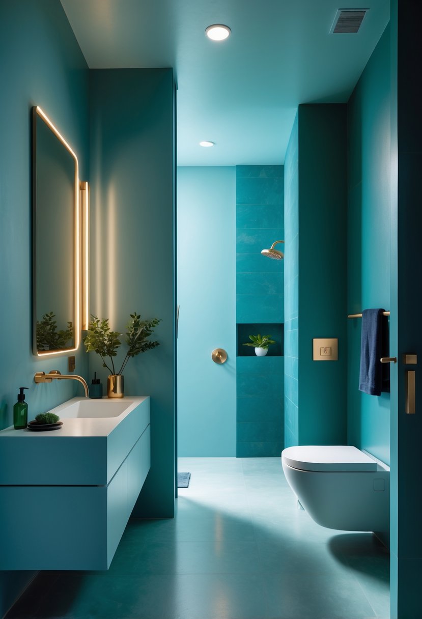 A modern bathroom with cool blue walls and warm metallic fixtures, including a vanity with a mirror and decorative green accents.