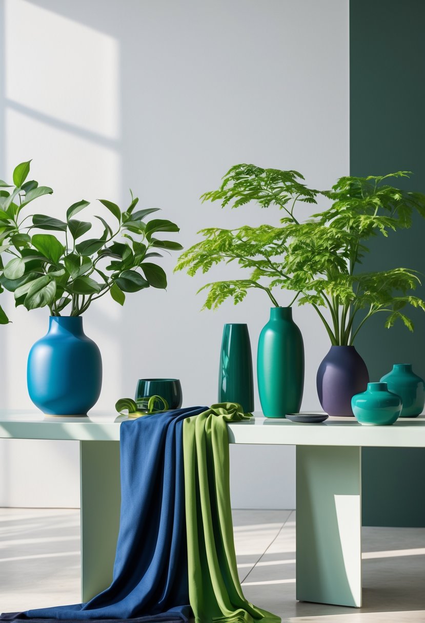 A modern interior scene with objects and textiles in cool blue, jade green, plum noir, and wasabi colors arranged on a minimalist table.