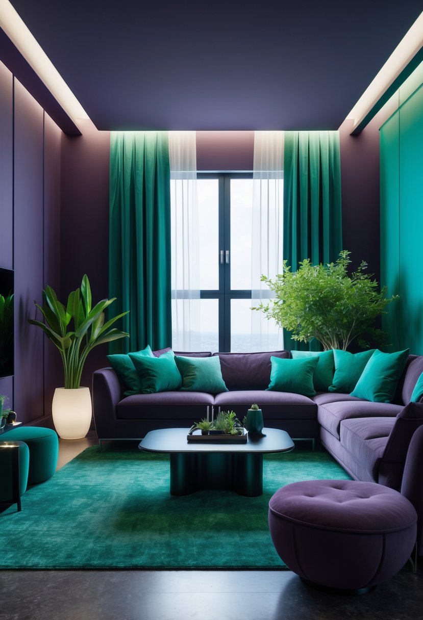 A modern living room with deep plum walls, blue cushions, green plants, and contemporary furniture illuminated by natural light.
