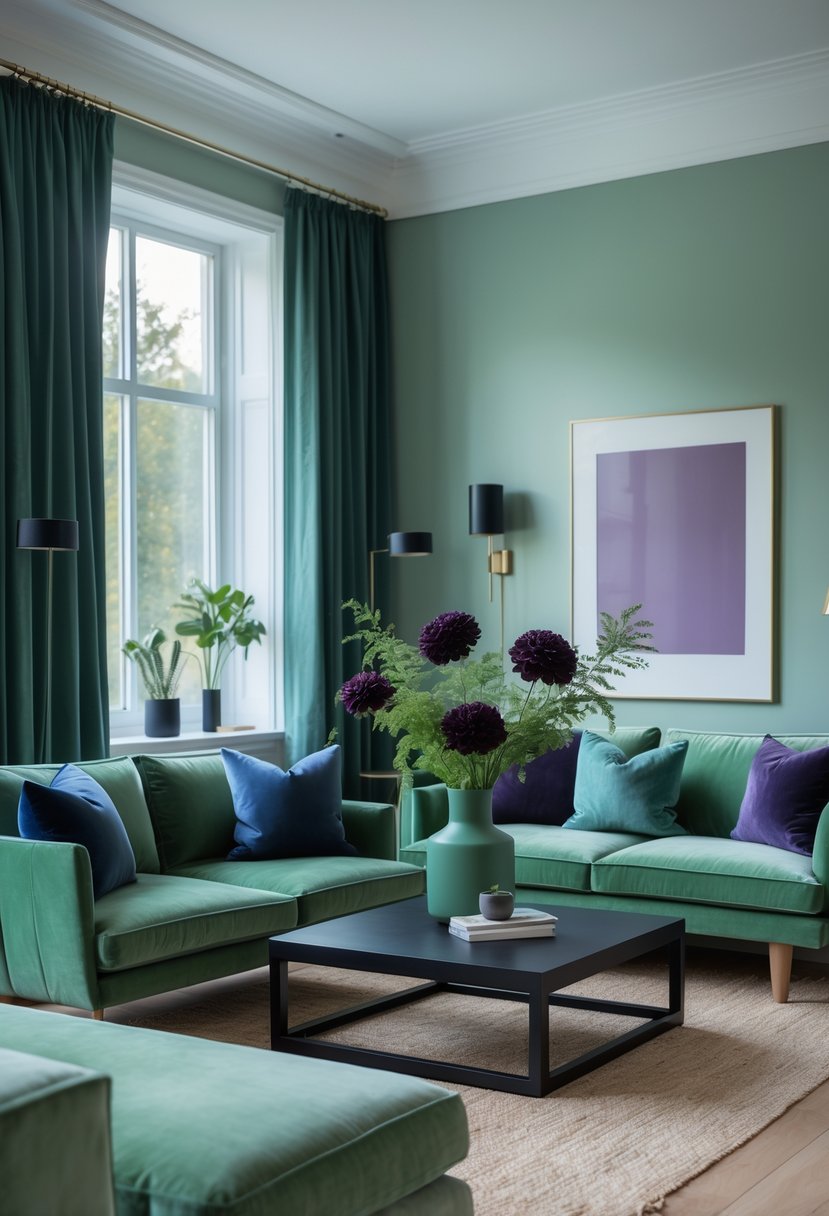A modern living room with jade green sofas, blue cushions, black coffee table, and plants with green and plum flowers illuminated by natural light.