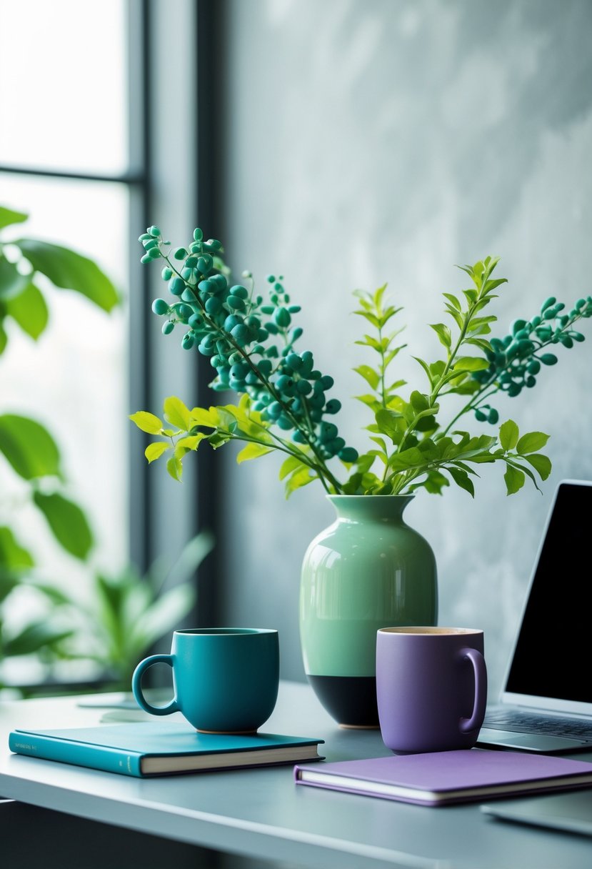 A modern workspace with a desk displaying objects in cool blue, jade green, plum, black, and wasabi green colors, including a vase with green foliage, a notebook, a coffee mug, and a laptop.