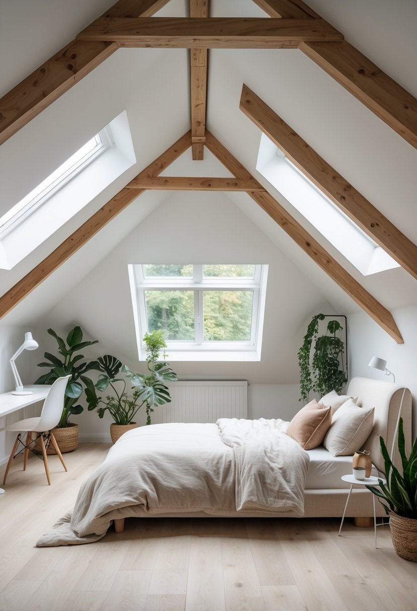 A cozy attic bedroom with sloped ceiling, exposed beams, a bed, desk, and plants under skylight windows.