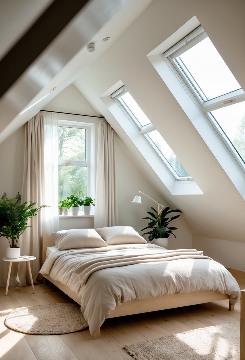 An attic bedroom with skylights letting in natural light, featuring a bed, plants, and minimal furniture.