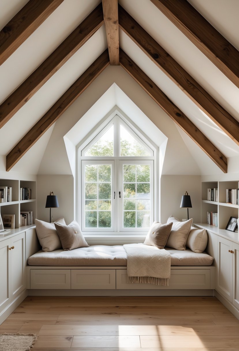 A bright attic bedroom with a cozy window seat under a slanted ceiling, featuring cushions, shelves with books, a bed, and natural light coming through a large window.