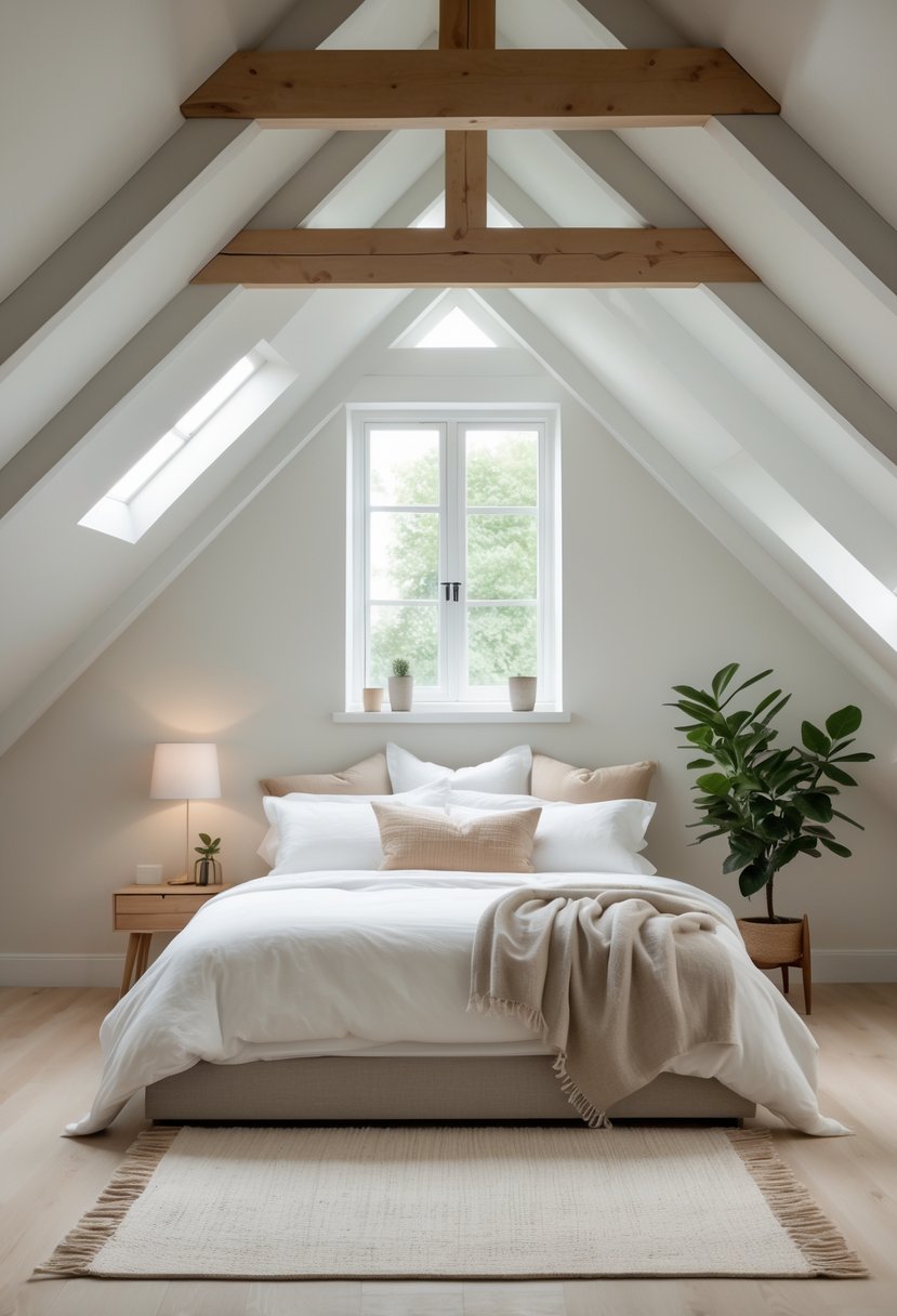 A bright attic bedroom with a sloped ceiling, white wooden beams, a neatly made bed with neutral-colored linens, a small nightstand with a lamp, and a potted plant.