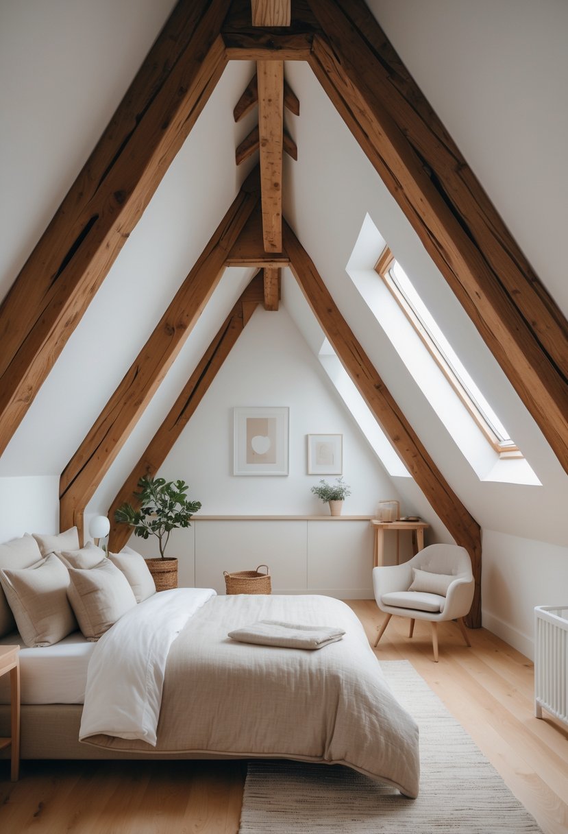 An attic bedroom with exposed wooden beams, a bed, skylight windows, and simple furniture.