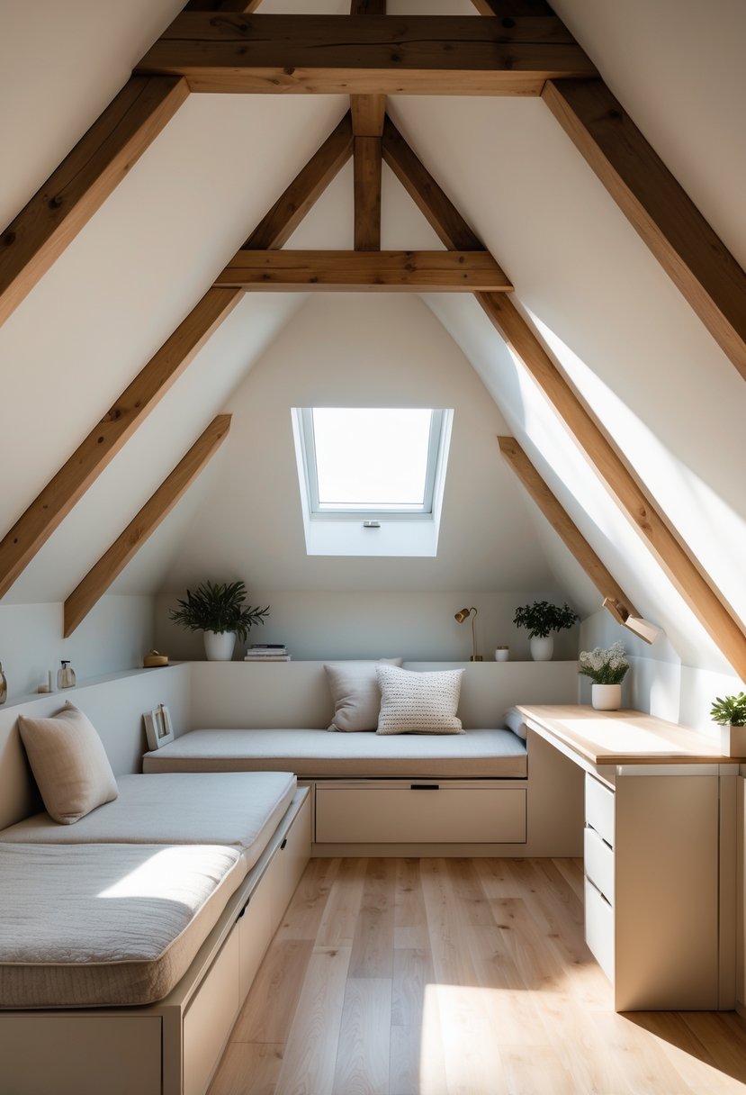 An attic bedroom with sloped ceilings, a bed with storage drawers, a fold-out desk, and a cushioned bench that doubles as storage, illuminated by natural light from a skylight.