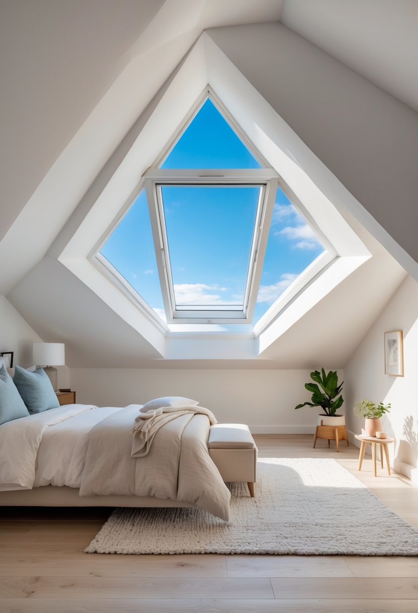 Attic bedroom with a dormer window providing extra headroom and natural light, furnished with a bed, bedside table, and decorative accents.