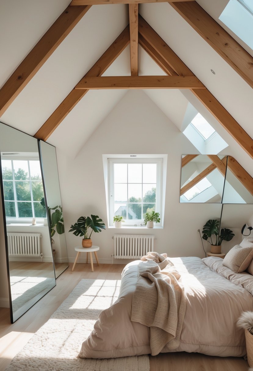 A bright attic bedroom with mirrors reflecting sunlight, a cozy bed, wooden beams, and plants.