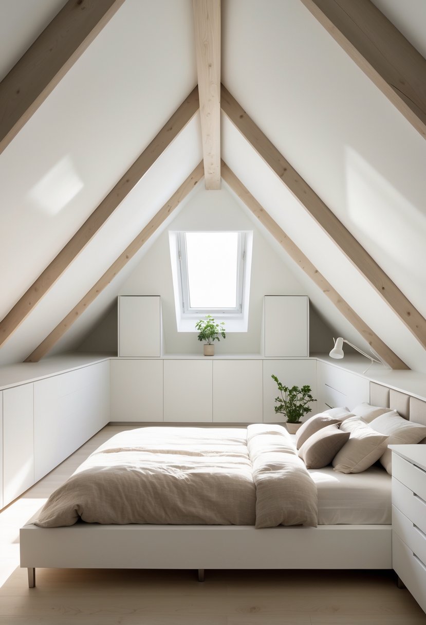 A bright attic bedroom with sloped ceilings and built-in storage cabinets under the eaves, featuring a cozy bed and natural light from a skylight.