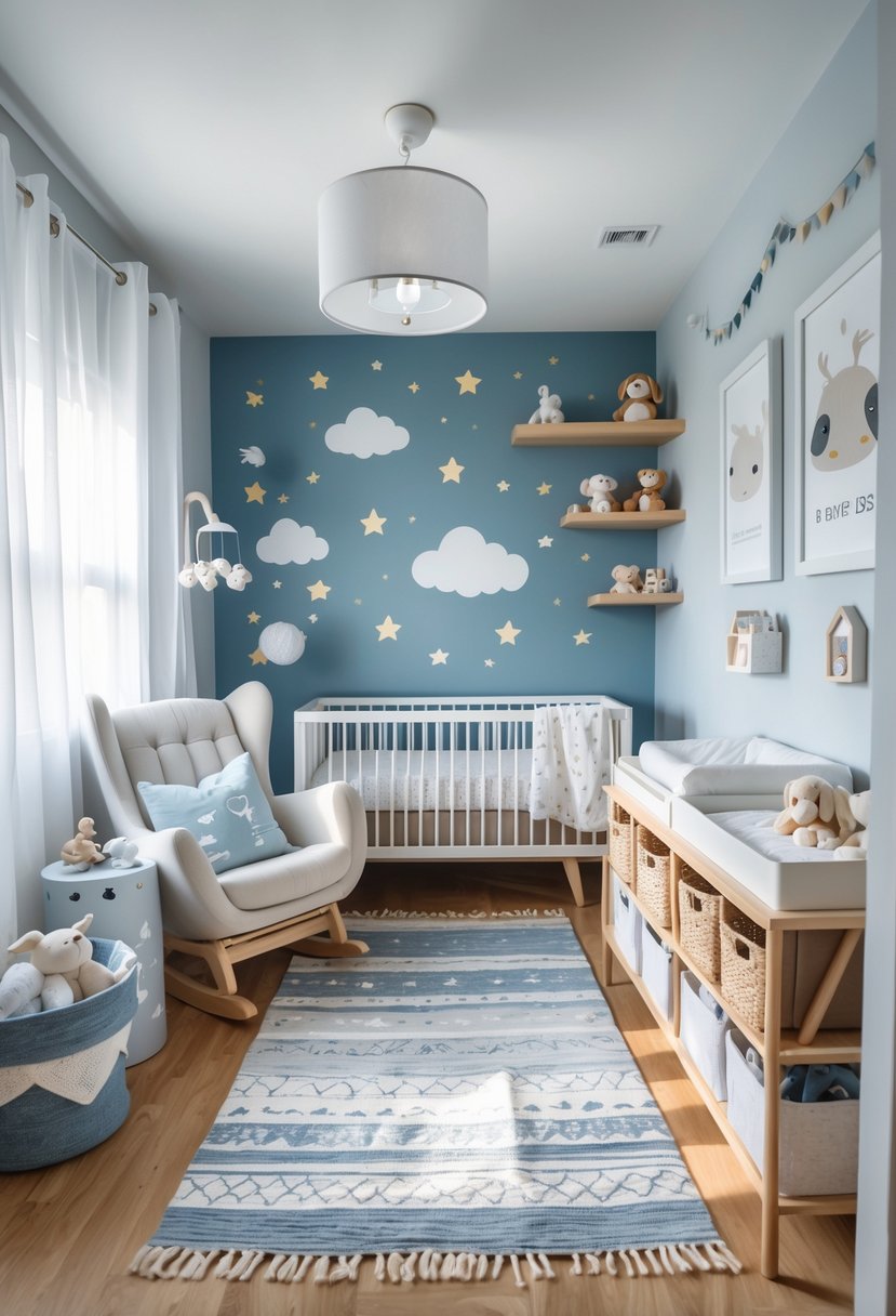 A baby boy nursery with a crib, rocking chair, shelves with toys, wall mural, and soft natural lighting.