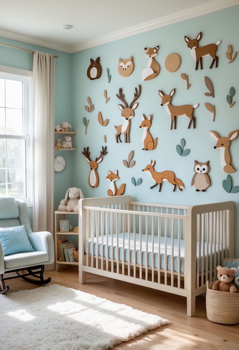A baby boy nursery with wooden animal wall decals on the wall, a crib with blue bedding, a rug, and soft natural light.