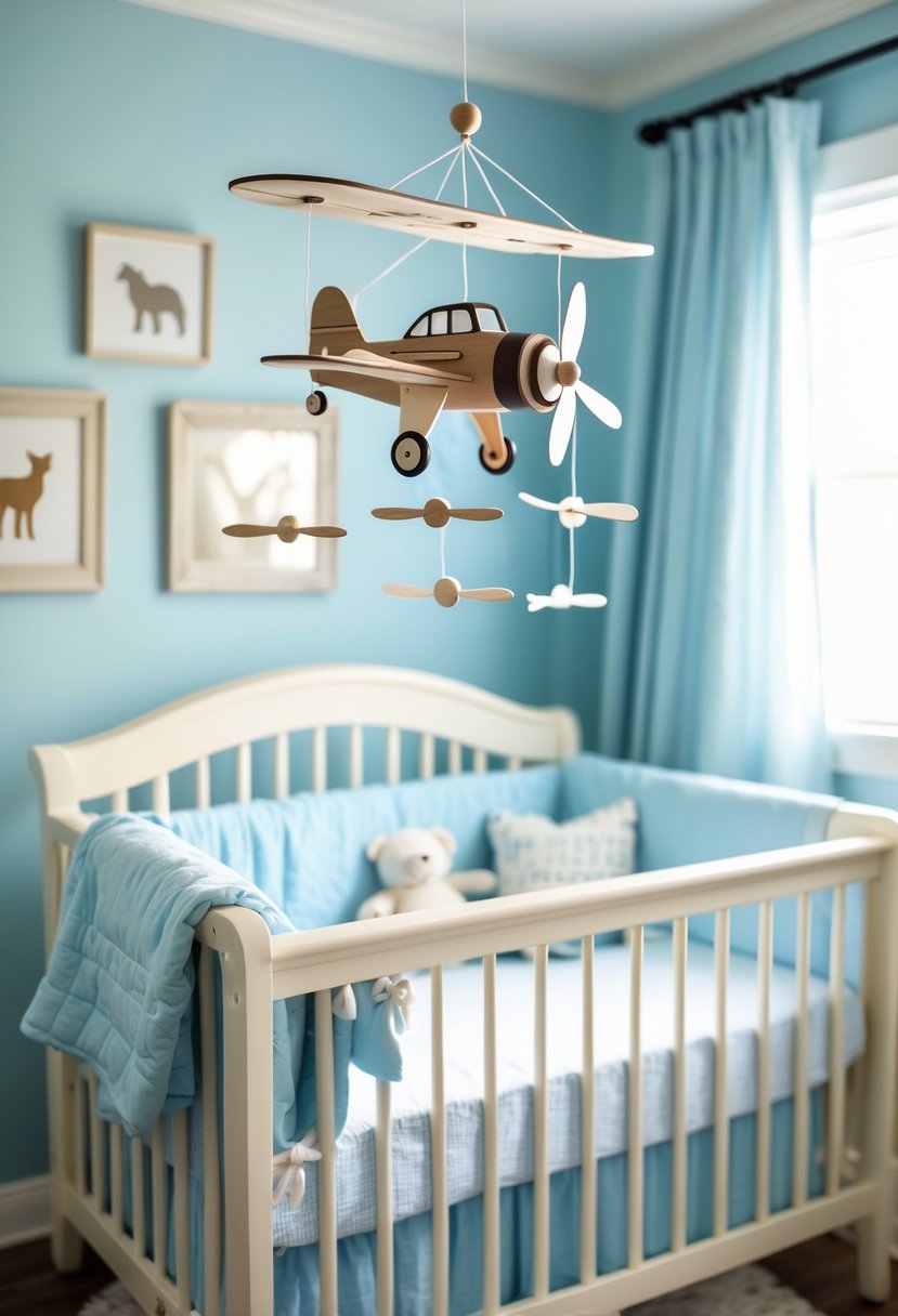 A baby boy nursery with a crib and a vintage airplane mobile hanging above it.