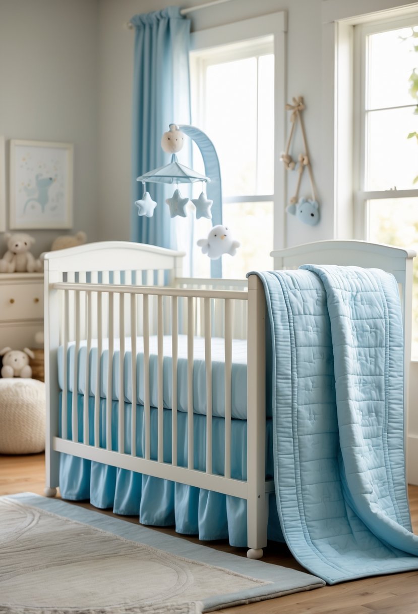 A baby boy nursery with a crib dressed in soft pastel blue bedding and gentle natural lighting.