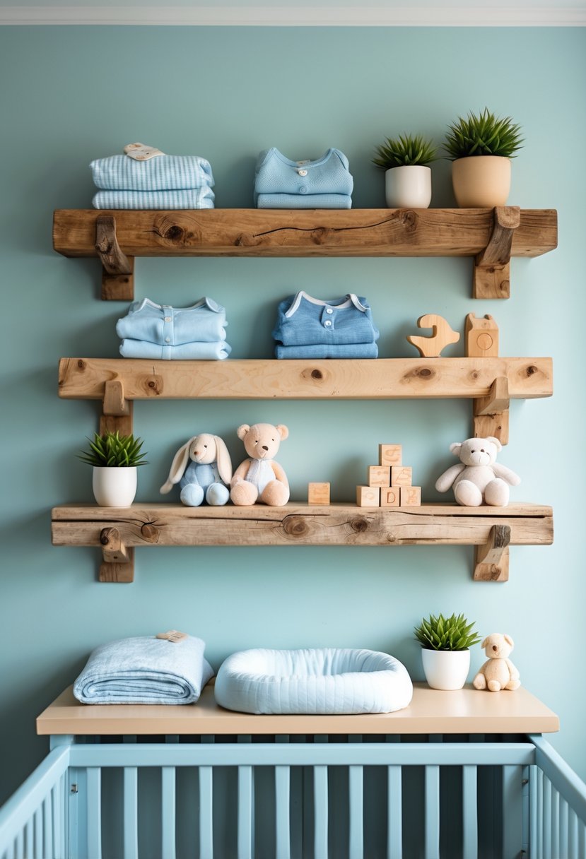 A baby boy nursery with rustic wooden shelves holding baby clothes, toys, and plants above a crib with blue bedding.