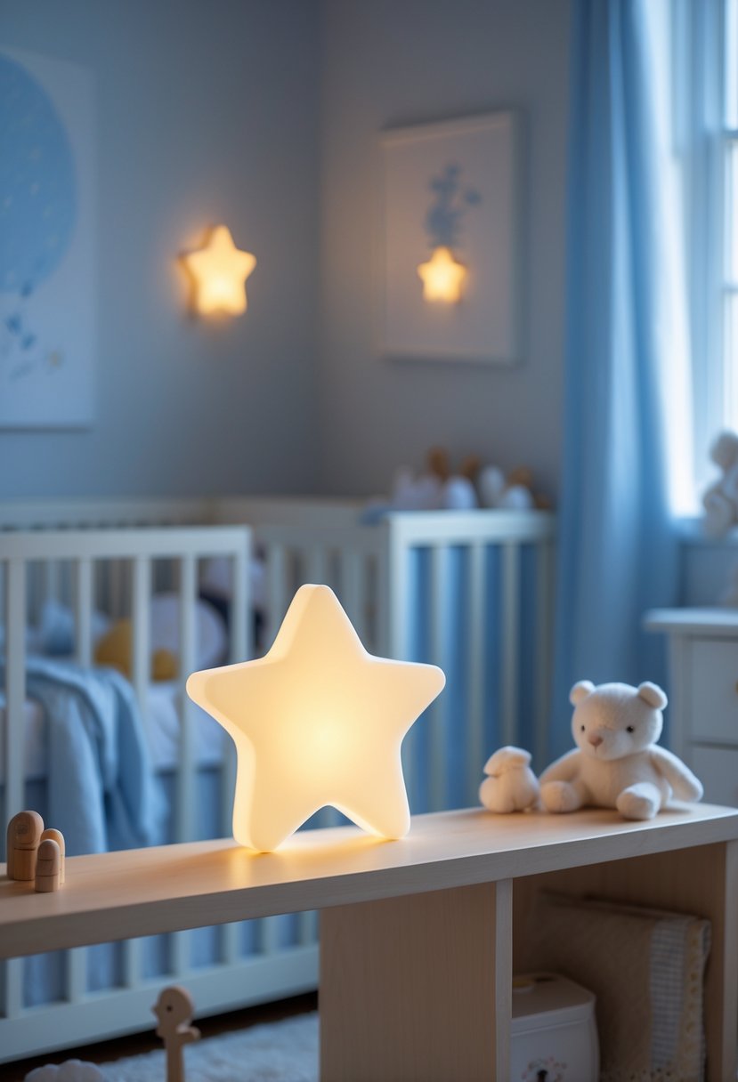 A baby boy nursery with a glowing star-shaped night light on a wooden shelf, a crib with blue bedding, and soft toys arranged in the room.