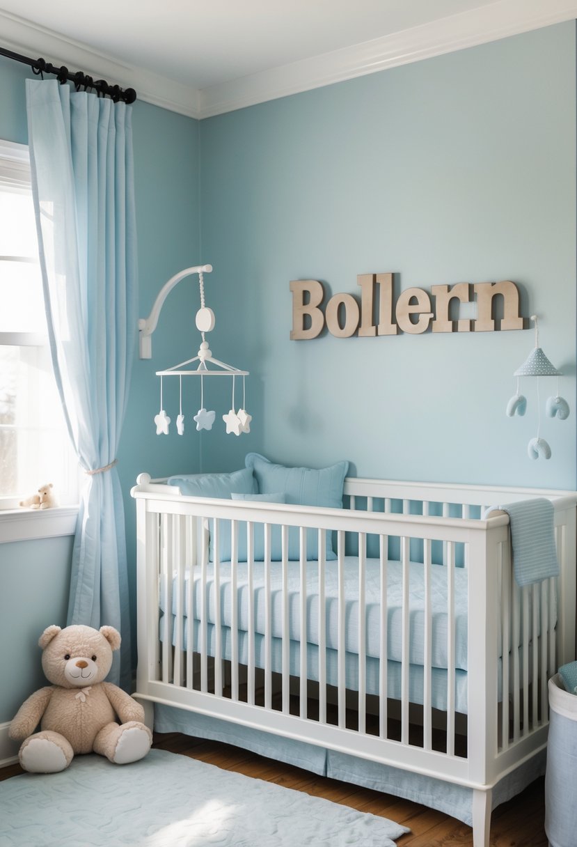 A baby boy nursery with a crib and personalized name wall art on the wall above it.