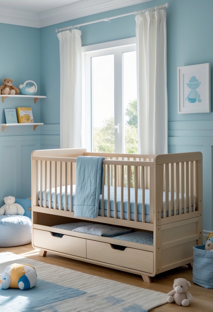 A baby boy nursery with a convertible crib that has storage drawers underneath, decorated with soft blue bedding and surrounded by baby toys and books.