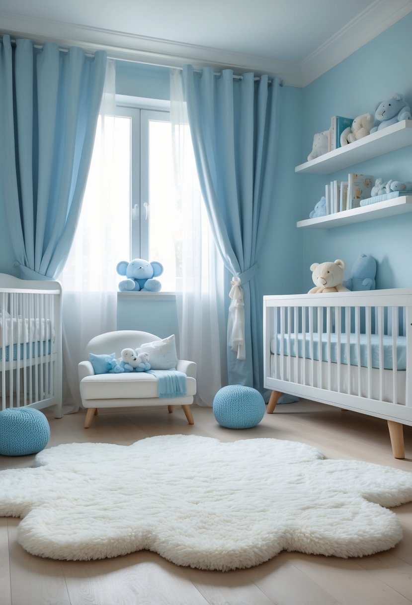 A baby boy nursery with a cloud-shaped rug on the floor, a crib, plush toys, and soft natural light.