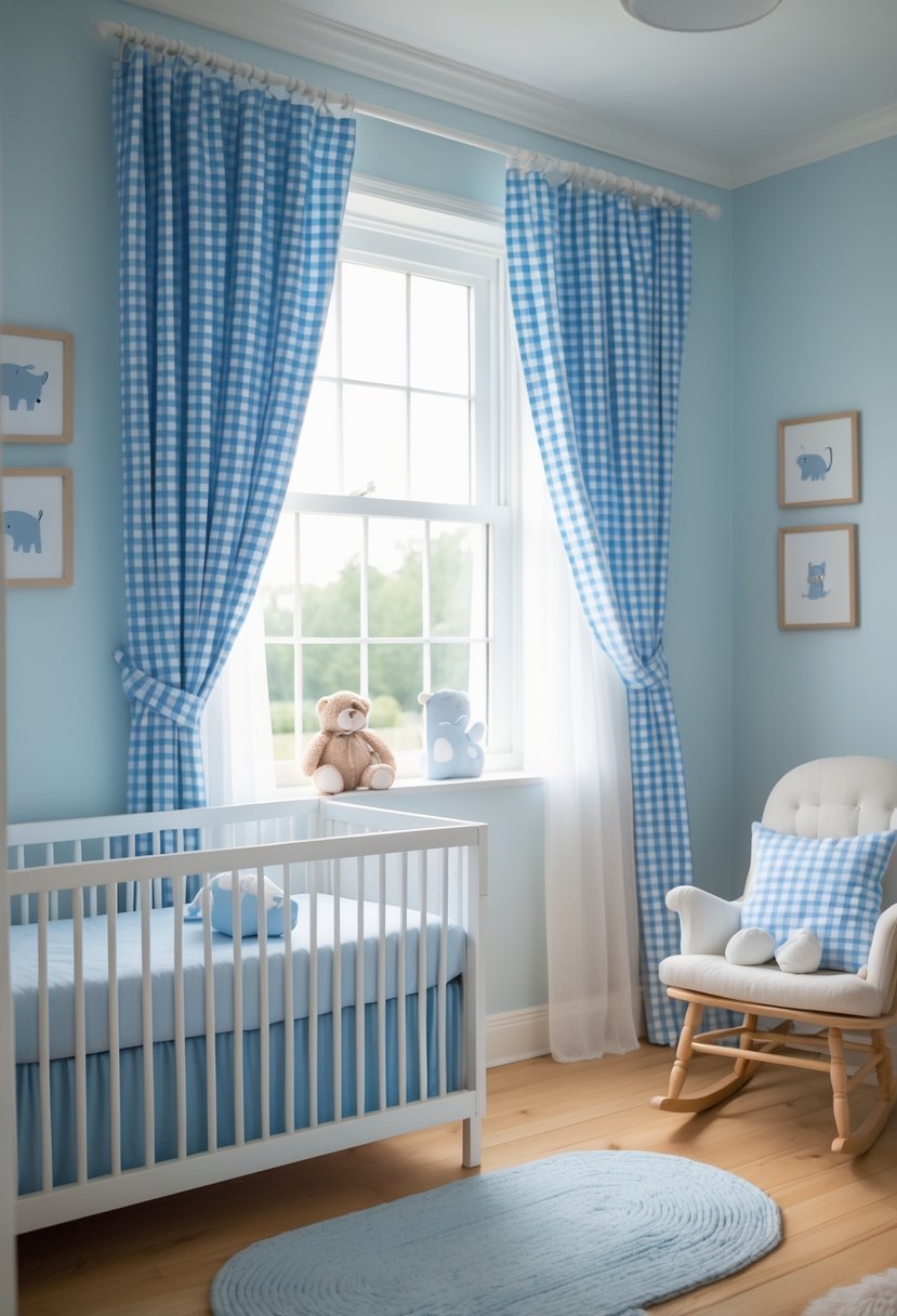 A baby boy nursery with blue and white gingham curtains, a crib with blue bedding, a wooden rocking chair, and soft natural light coming through the window.