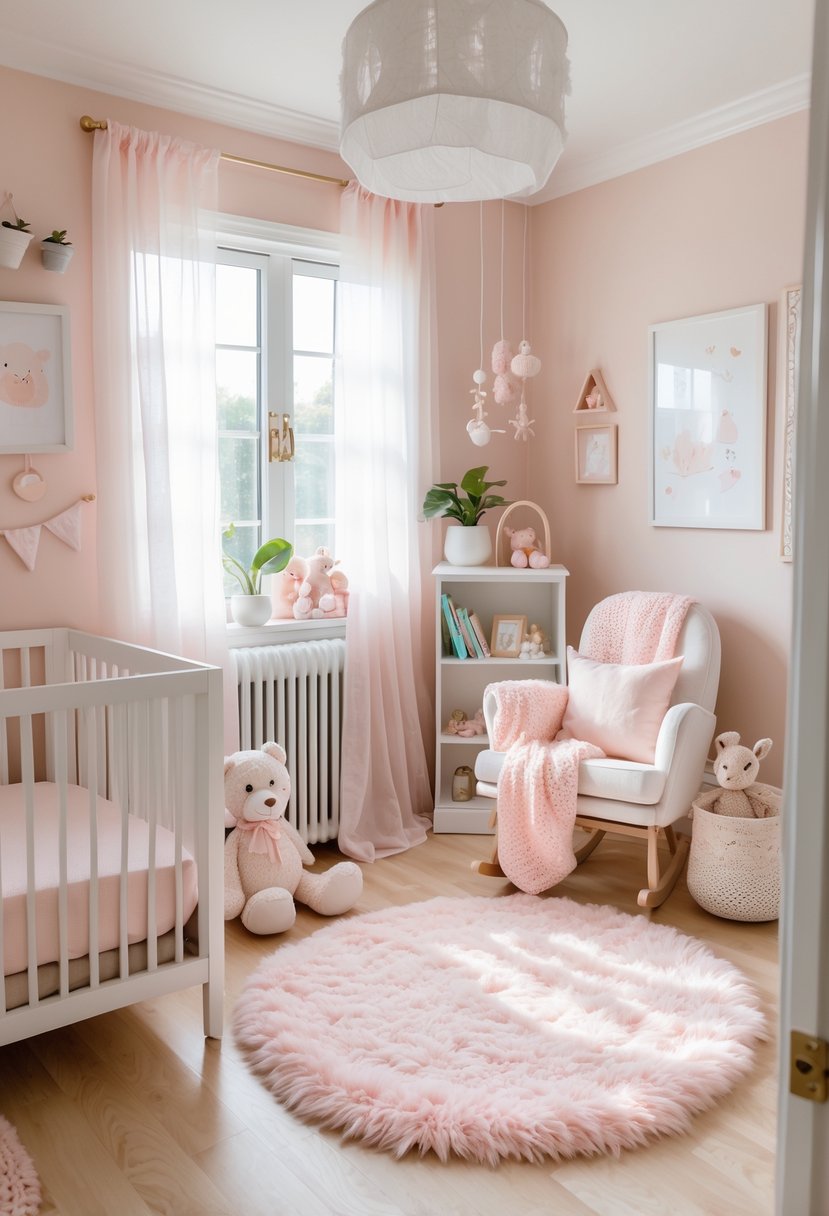 A cozy baby girl nursery with a white crib, pink rug, rocking chair, bookshelf, and soft natural light.