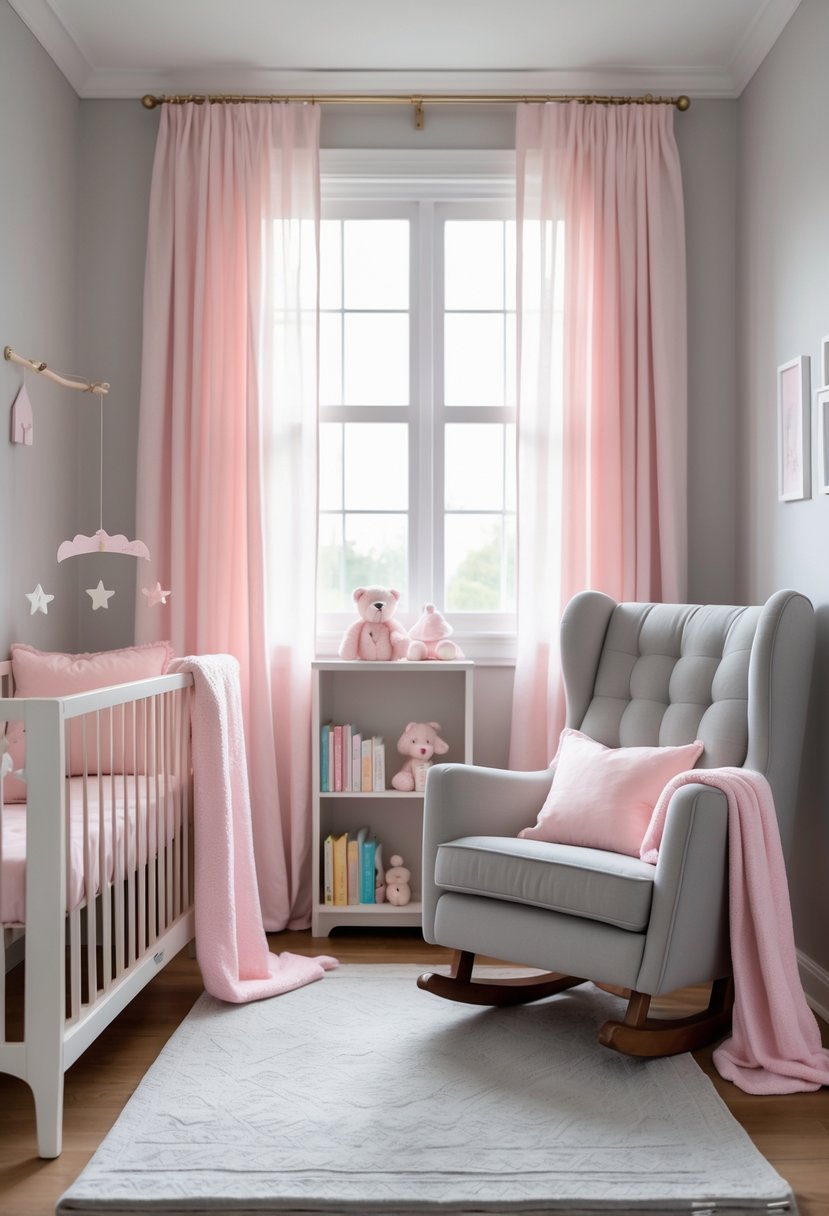 A baby girl nursery with a crib, rocking chair, bookshelf, and soft pastel pink and gray decorations.
