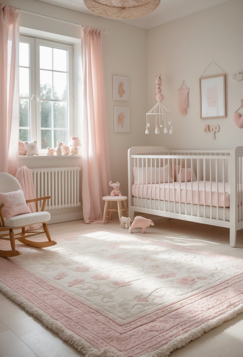 A baby girl nursery with a plush patterned area rug, a crib, rocking chair, and soft toys in a softly lit room.