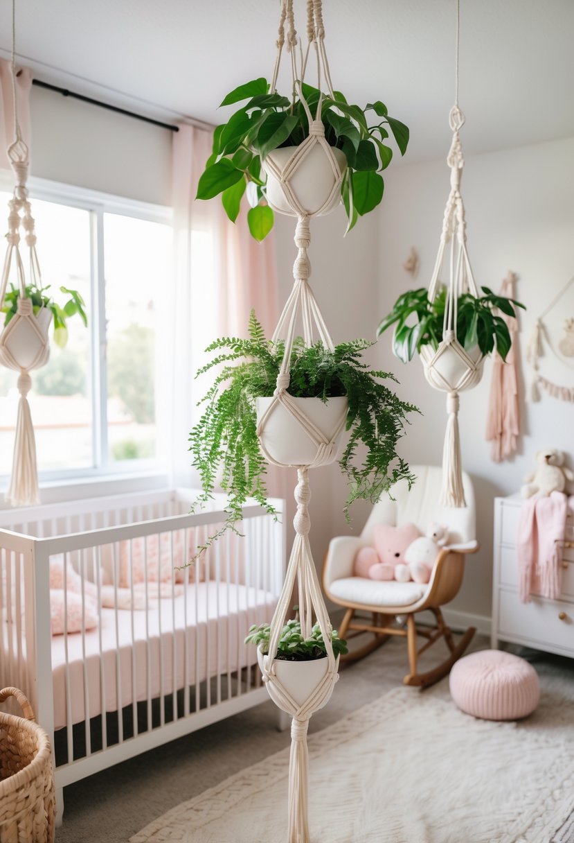 A baby girl nursery with hanging macramé planters containing green plants, a crib, and soft pastel decorations.