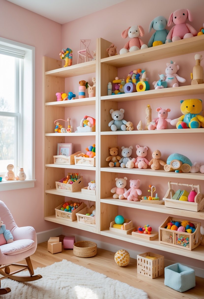 A baby girl's nursery with open wooden shelves displaying colorful toys and stuffed animals against a pastel pink wall.