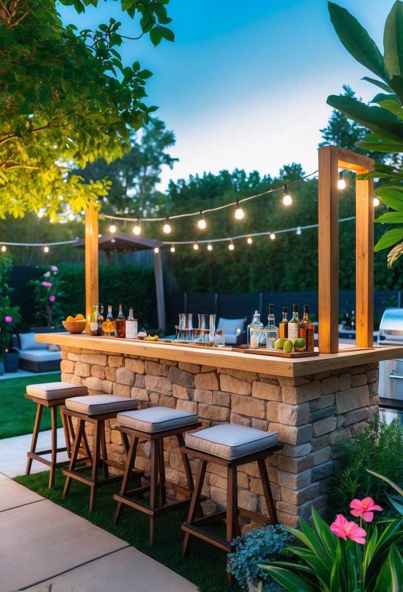 A backyard with a wooden outdoor bar, bar stools, plants, and warm lighting under a clear sky.