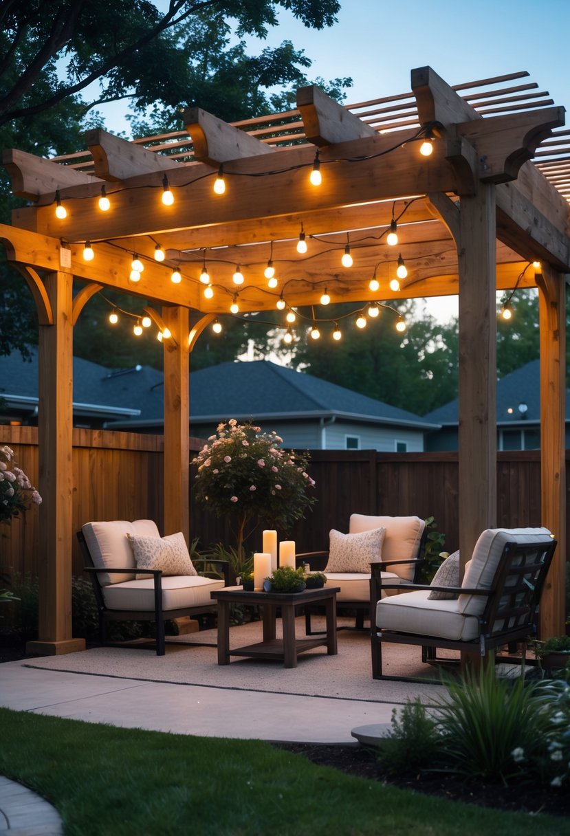 A backyard pergola with string lights hanging overhead and outdoor seating underneath surrounded by greenery.