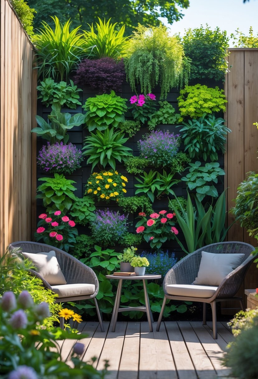 Backyard with a vertical garden wall covered in plants and flowers, and an outdoor seating area with patio furniture.