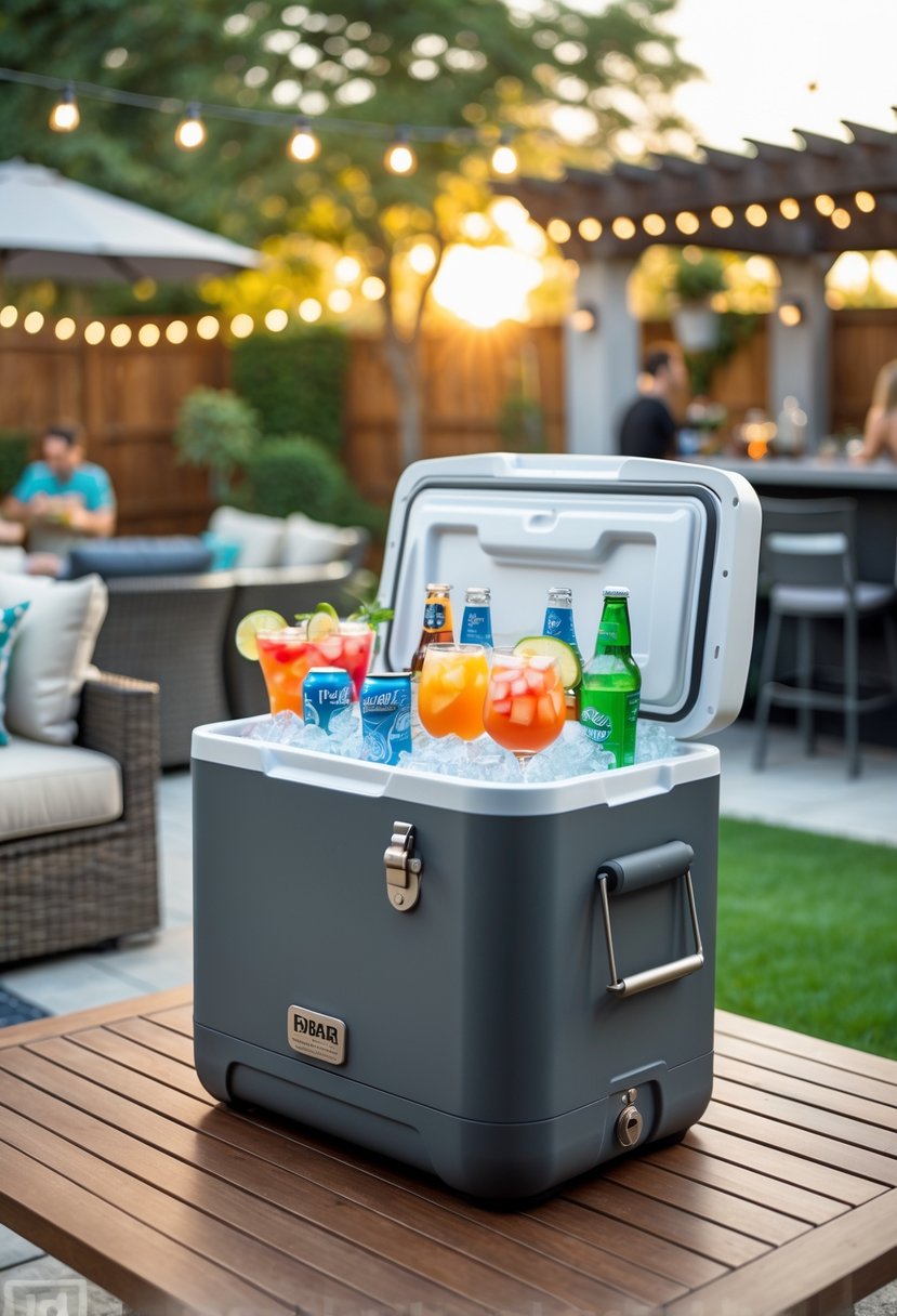A portable beverage cooler filled with drinks on a wooden patio table in a backyard with outdoor furniture and greenery.