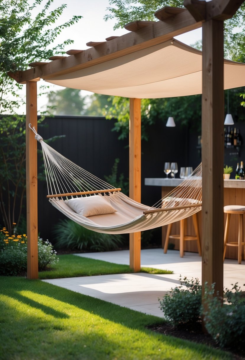 A hammock with a shade canopy in a backyard garden near a wooden bar setup.