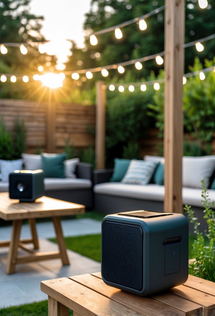 Backyard patio with solar-powered outdoor speakers, comfortable seating, string lights, and greenery during sunset.