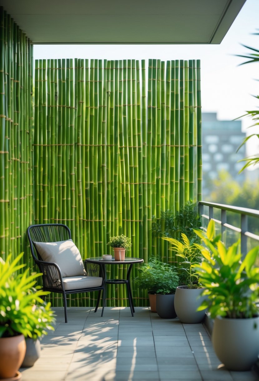 A balcony with tall bamboo screens providing natural privacy, furnished with outdoor seating and surrounded by plants.