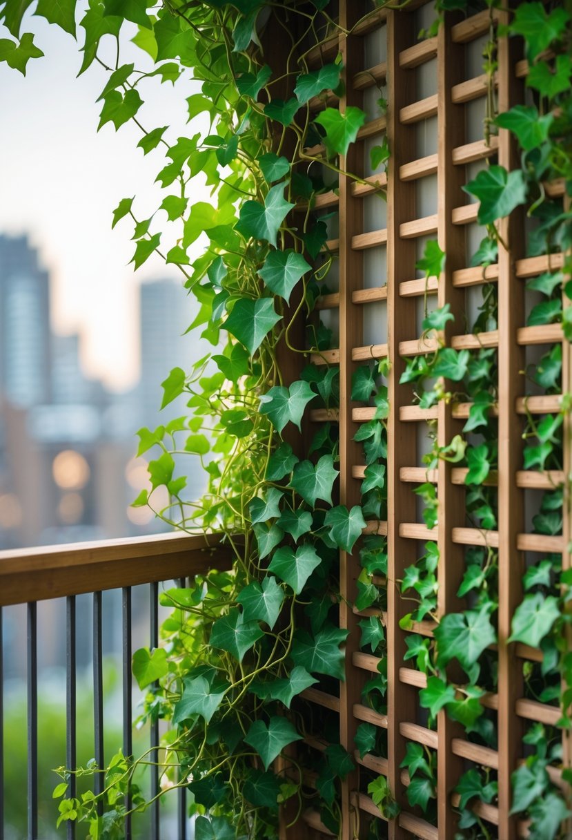 A balcony with wooden lattice panels covered in climbing ivy plants, providing privacy and greenery.