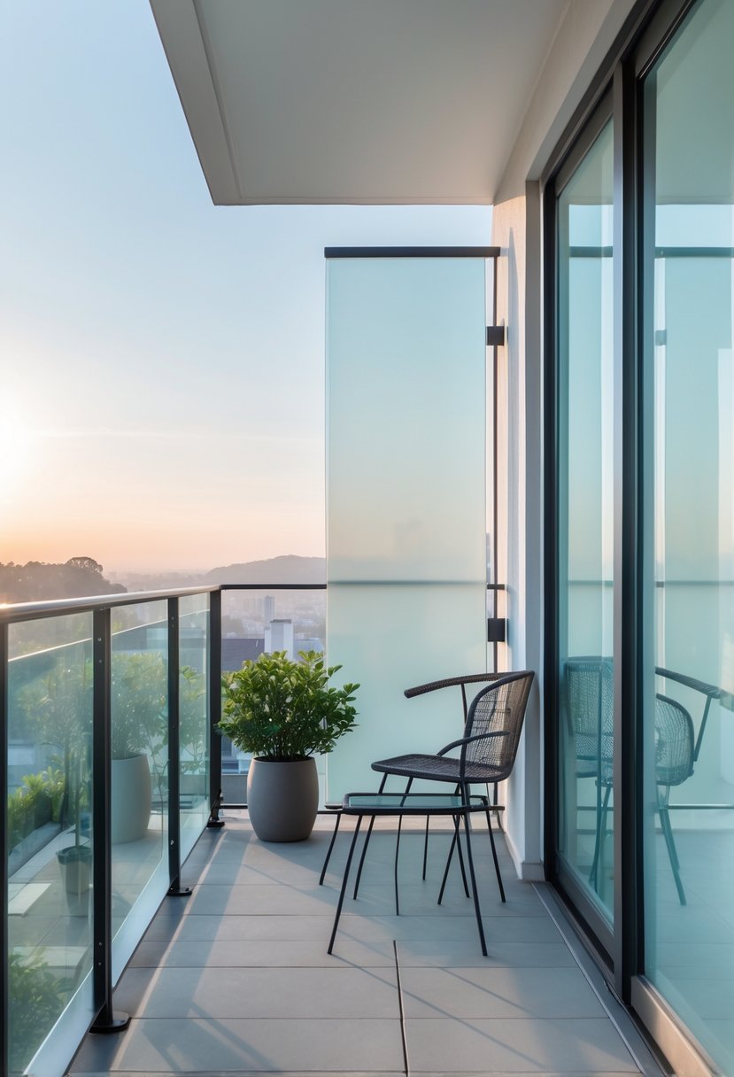 A balcony with frosted glass railing inserts overlooking a cityscape, featuring outdoor furniture and potted plants.
