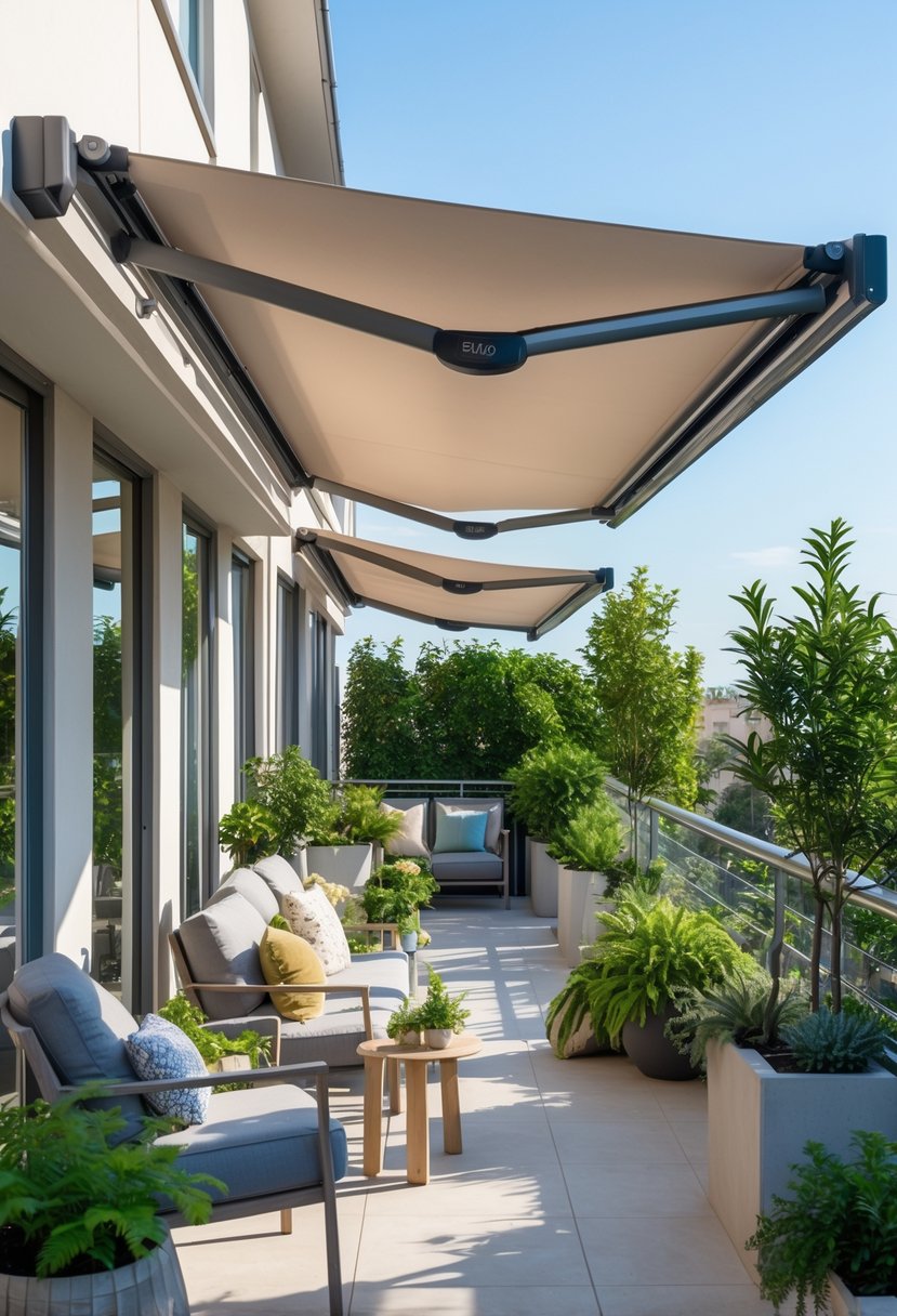 A balcony with retractable awnings partially extended, outdoor furniture, and plants creating a shaded, private outdoor space.