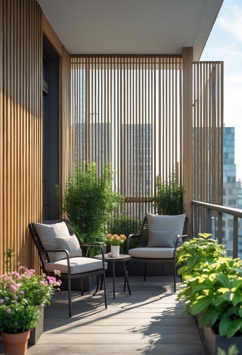 A balcony with wooden slat partitions, outdoor seating, and plants overlooking a cityscape.