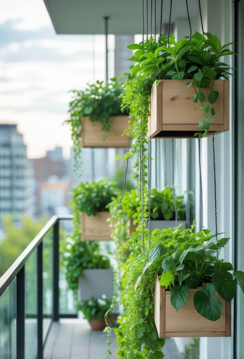 A balcony with hanging planter boxes filled with green plants, creating a natural divider.