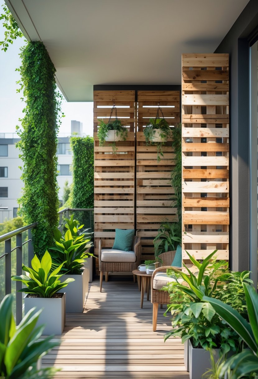 A balcony with privacy screens made from recycled wood pallets, decorated with plants and outdoor furniture.