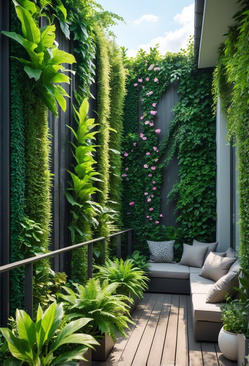 A balcony with vertical garden walls densely covered in green plants providing privacy and outdoor seating.