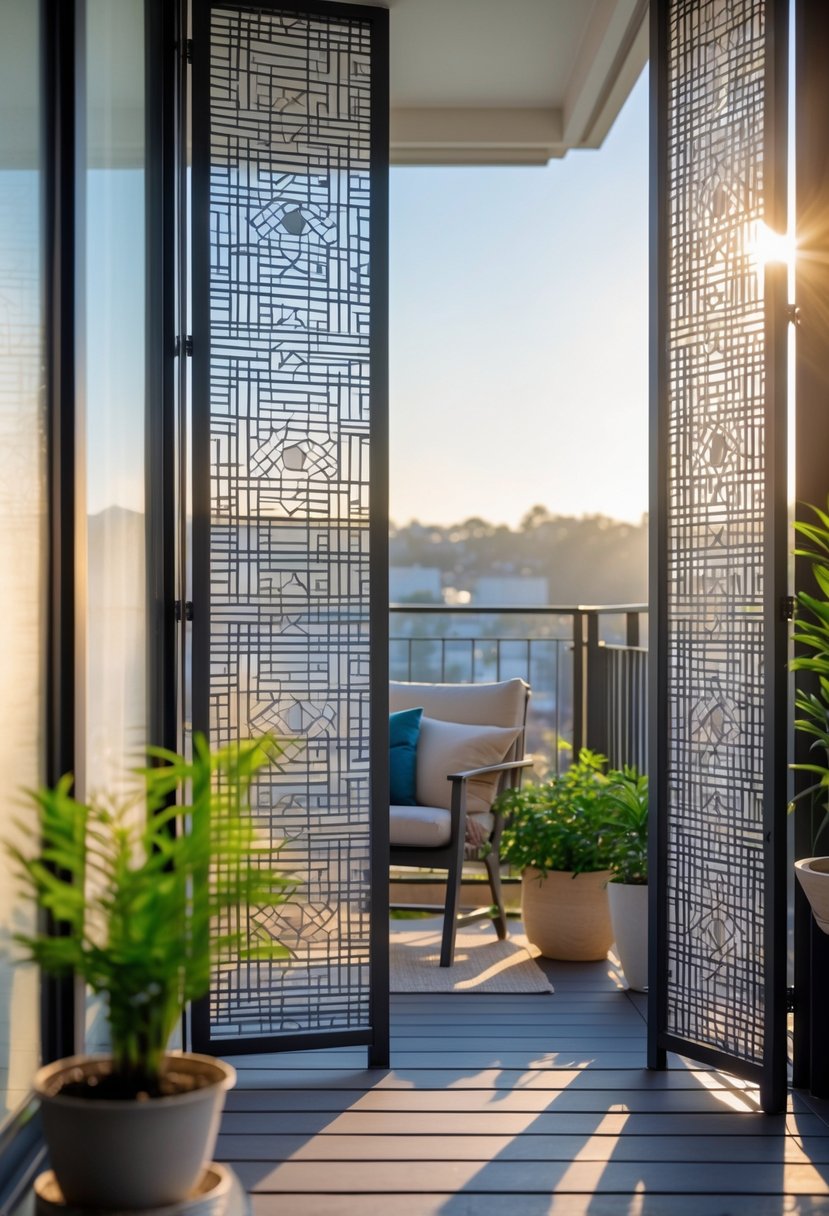 Outdoor balcony with folding screens featuring geometric patterns, seating area, and plants providing privacy.