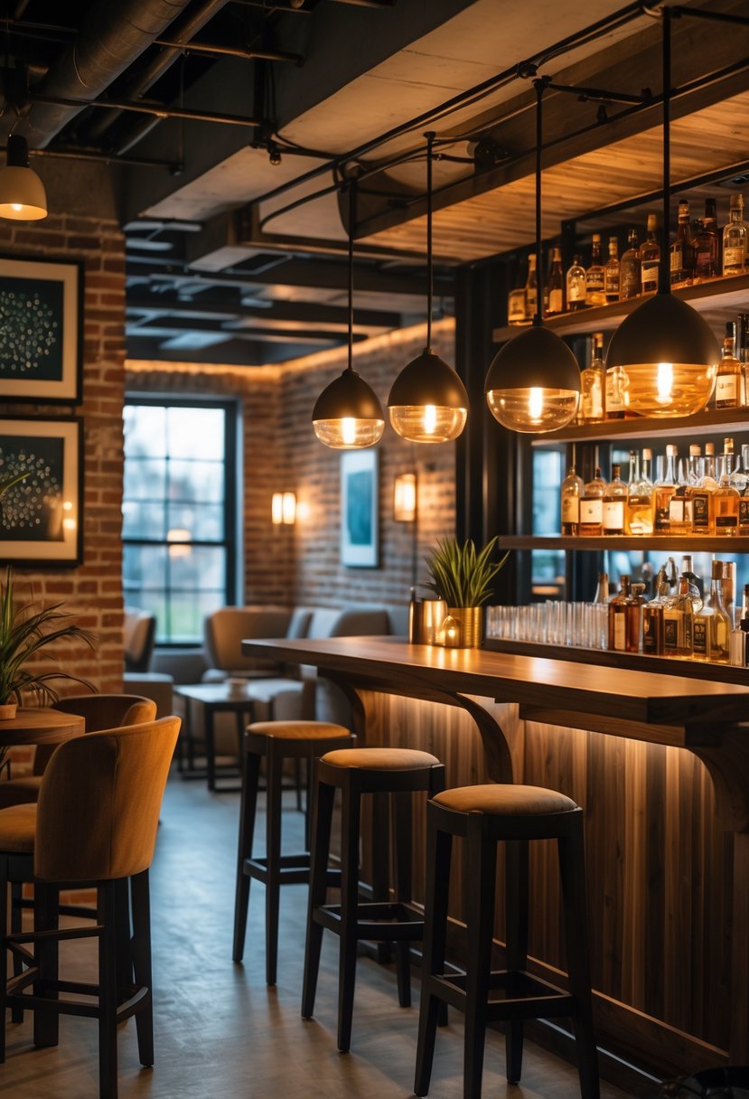 A basement bar with a wooden counter, stools, shelves of bottles, warm lighting, and cozy seating areas.