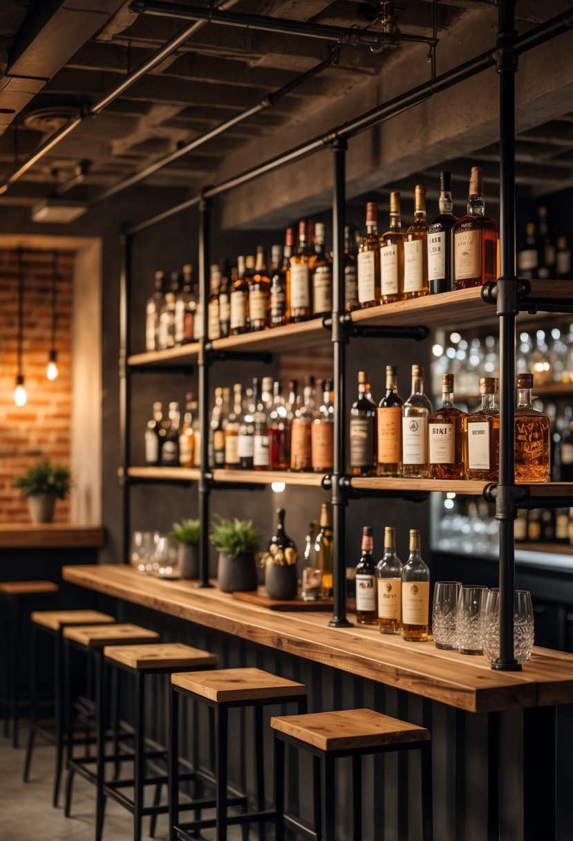 A basement bar with industrial pipe shelving holding bottles and glassware against a brick wall with warm lighting.