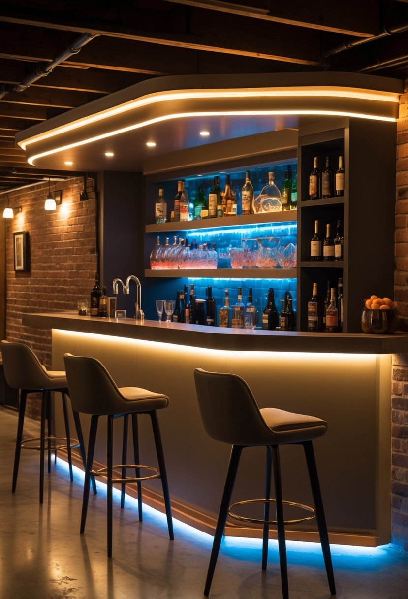 A basement bar with LED strip lighting behind the counter, featuring bar stools and shelves with bottles.