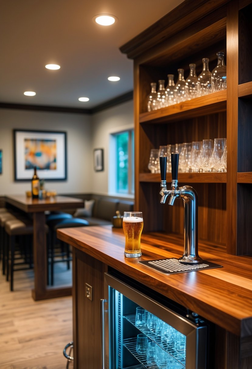 A basement bar with a built-in kegerator dispensing draft beer, wooden bar counter, glassware on shelves, and bar stools.