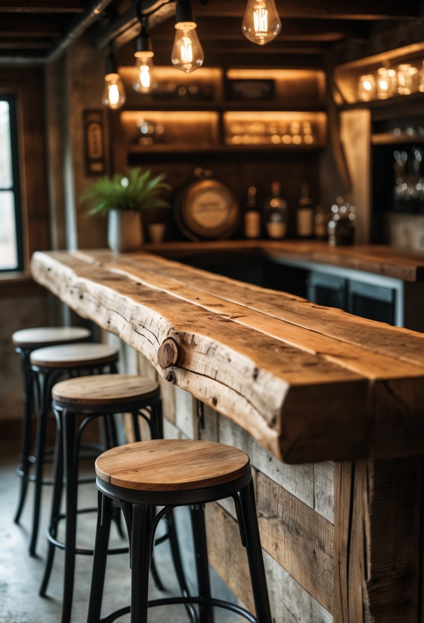 A basement bar with a rustic reclaimed wood bar top and stools under warm lighting.